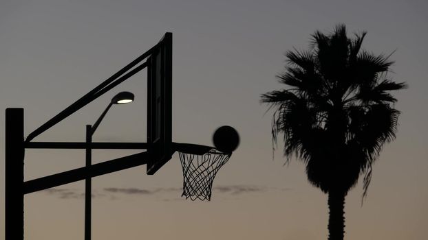 Hoop, net and backboard for basketball game silhouette, sunset sky. Basket ball court on street, beach sport field or playground outdoor, California coast, USA. Palm tree. Seamless looped cinemagraph.
