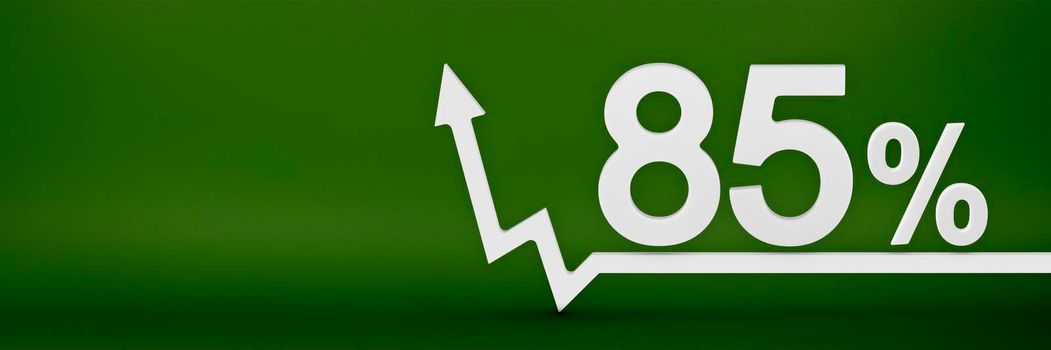 85 percent. The arrow on the graph points up. Rising prices, inflation, increase in income, increase in interest rates, taxes. 3d banner, eighty five percent sign discount on a green background