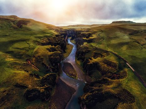 Unique landscape of Fjadrargljufur in Iceland. Top tourism destination. Fjadrargljufur Canyon is a massive canyon about 100 meters deep and about 2 kilometers long, located in South East of Iceland.