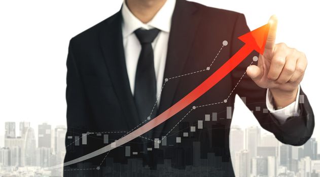 Double Exposure Image of Business and Finance - Businessman with report chart up forward to financial profit growth of stock market investment.