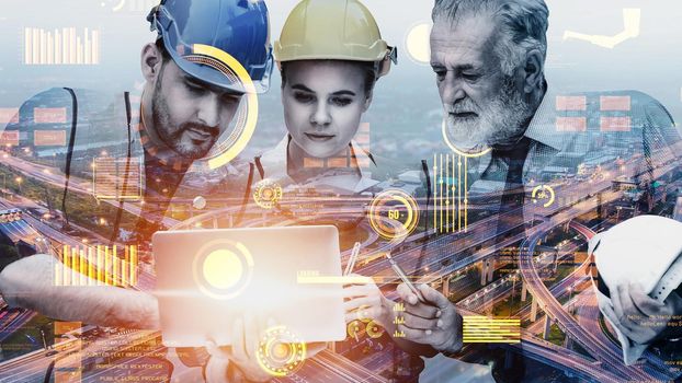 Future building construction and inventive engineering project concept with HUD hologram graphic design. Building engineer, architect people or construction worker works with modern civil technology.
