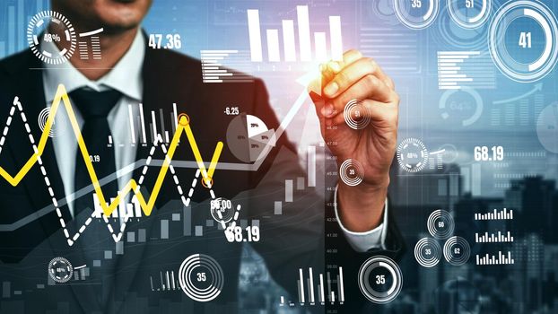 Double Exposure Image of Business and Finance conceptual - Businessman with report chart up forward to financial profit growth of stock market investment.