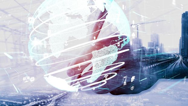 Future building construction and inventive engineering project concept with HUD hologram graphic design. Building engineer, architect people or construction worker works with modern civil technology.