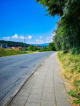 Street view of small village full of hills and valleys