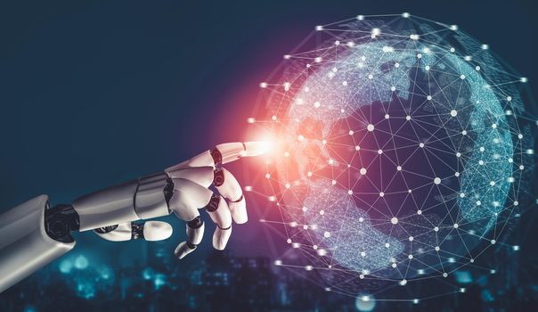 3D rendering futuristic droid robot technology development, artificial intelligence AI, and machine learning concept. Global robotic bionic science research for future of human life.