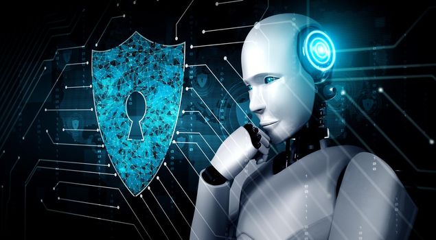 AI robot using cyber security to protect information privacy . Futuristic concept of cybercrime prevention by artificial intelligence and machine learning process . 3D rendering illustration .