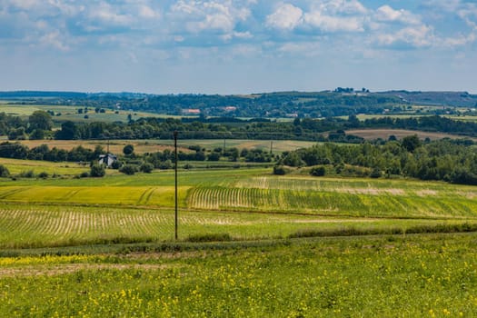 Beautiful colorful landscape of silent hills and valleys in small village