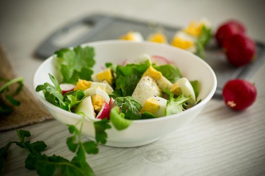 Fresh spring salad with fresh lettuce leaves, radishes, boiled eggs in a bowl on a wooden table