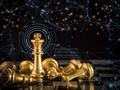 Golden king chess to fighting competitor king chess to play successfully in the competition with technology network background. Management, number digital and leadership strategy concept.