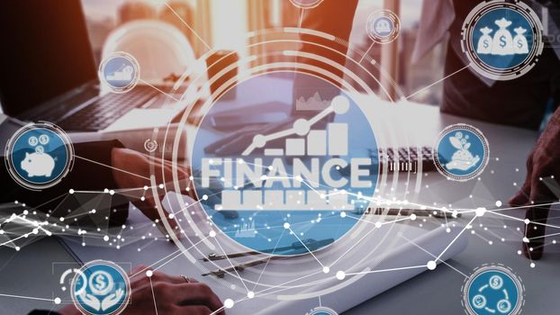 Finance and Money Transaction Technology conceptual . Icon Graphic interface showing fintech trade exchange, profit statistics analysis and market analyst service in modern computer application.