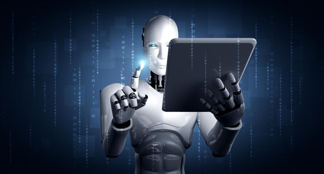 Robot humanoid using tablet computer in future office while using AI thinking brain , artificial intelligence and machine learning process . 4th fourth industrial revolution 3D illustration.