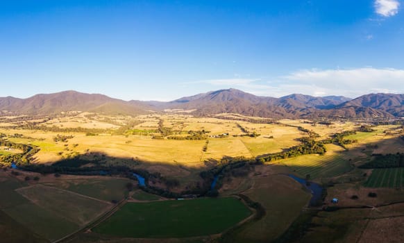 Sunset views over Kiewa Valley towards Mt Bogong and the town of Mt Beauty in Victoria, Australia.