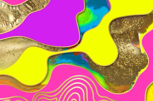 Wavy paint smudges abstract background. Golden wave pattern. Marble purple, yellow, pink and gold texture