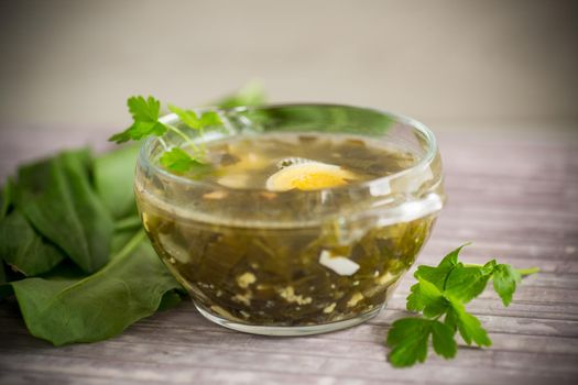 Spring soup from fresh sorrel with boiled eggs in a plate on a wooden table