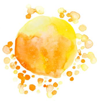 Yellow and orange drops watercolor splash. Round artwork texture