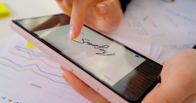 Sign Document in electronic mode, digital signature from smartphone, modern tech concept