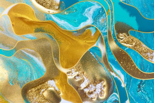 Streams of liquid blue, white and gold ink curls. Waves of fluid turquoise and golden waves