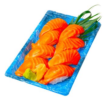 take away selection of fresh sushi express on plastic tray 