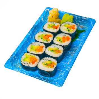 take away selection of fresh sushi express on plastic tray 