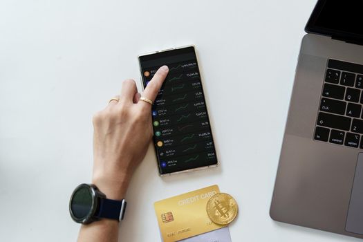 Cryptocurrency is digital currency, women hold their hands on computer ready bitcoin coins to invest assets from the digital or imaginary world of the future. , finance, investment, risk management.