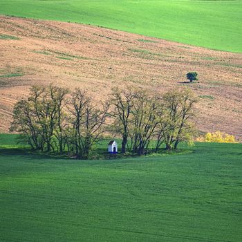 Beautiful landscape with spring nature. Chapel of St. Barbara. South Moravia - Moravian Tuscany - Czech Republic Europe..