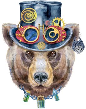 Bear portrait in steampunk hat with goggles. Watercolor brown bear painting illustration. Beautiful wildlife world
