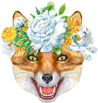 Fox portrait in a wreath of flowers. Watercolor orange fox painting illustration. Beautiful wildlife world