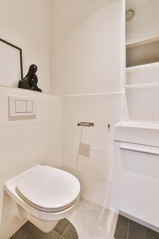 Interior of small clean restroom in miniature style