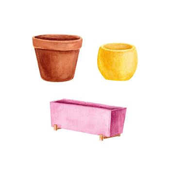 Flower pot on a white background. Watercolor illustration. Pink rectangular pot on a wooden stand. A garden item. The decorative pot is ideal for printing, posters, postcard and scrapbooking design.