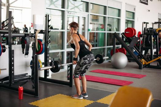 Back view of sporty and strong woman with athletic body doing exercises with barbell in gym. Brunette woman, wearing in stylish sports wear, doing workout with simulator. Concept of healthy.