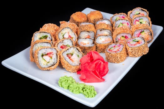 Japanese Cuisine - Sushi Roll with Shrimps and Conger, Avocado, Tobiko and Cheese. sushi rolls tempura,japanese food style