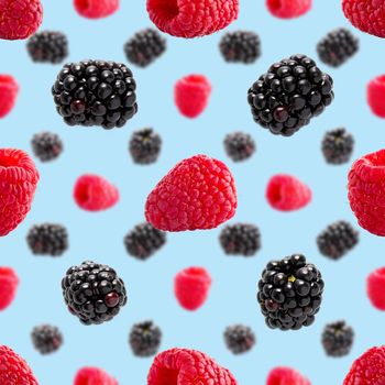 Seamless pattern with ripe raspberry and bramble. Berries abstract background. Raspberry and bramble pattern for package design with blue background.