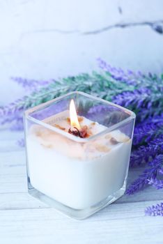 Burning scented candles for relax on table ,