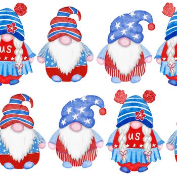 Watercolor hand drawn seamless border with 4th of july gnomes background, fourth of july Independence day patriotic print, red blue white balloons gifts, summer party decoration, stars and stripes