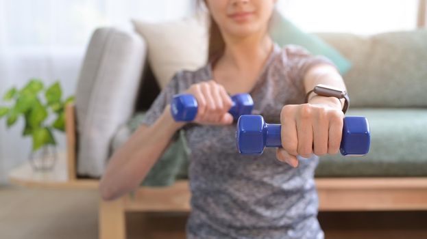 Cropped shot active young female in sportswear exercising with dumbbells during fitness workout at home.