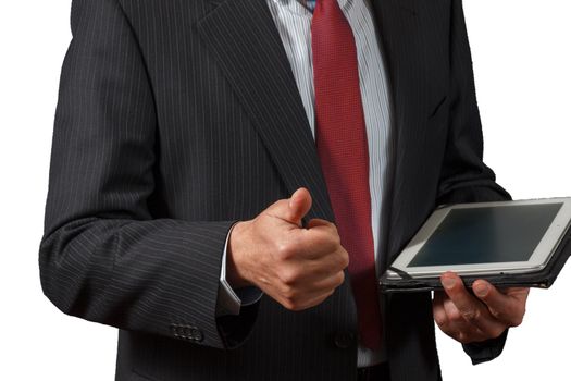 Elegant handsome mature businessman holding a notebook approves decision and shows thumb up on white isolated background