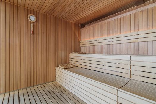 Empty sauna interior. Relax in a hot sauna