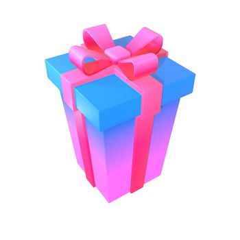 3d illustration of gift box surprise with gradient. With a pink bow on a white background. Blue and pink gift box. Render.