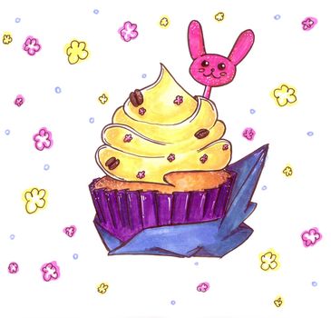 Cupcake with yellow cream in a purple package with a decor in the form of a rabbit. Drawn by hand, alcohol markers