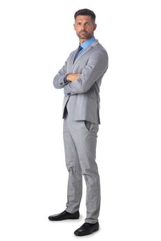 Businessman in gray suit with arms folded isolated over white background. Full body shot.