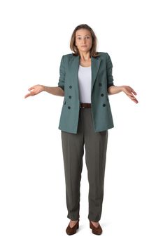 Puzzled woman wearing business suit holding hands in air in confusion with the face expression I do not know, so what isolated on a white background.