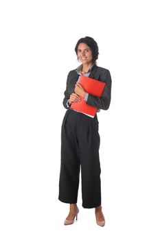 Full-length portrait of businesswoman keeping red folder, isolated on white