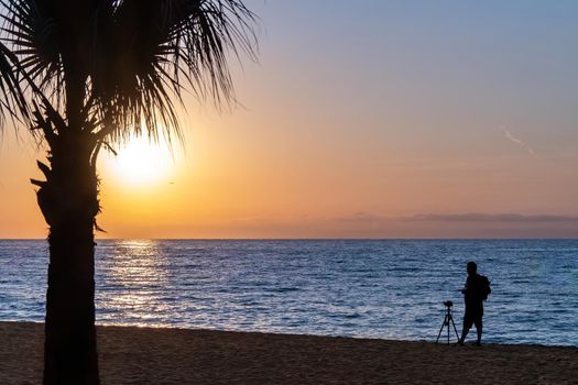 Silhouette of photographer with tripod, taking photos of sea of sun on the beach during sunset with a tree on the foreground. Barcelona, Spain