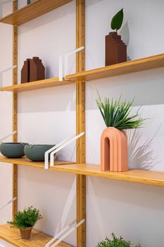 Interior wooden stand with shelves, plants, bowls and decorative elements. Home staging concept. Selective focus