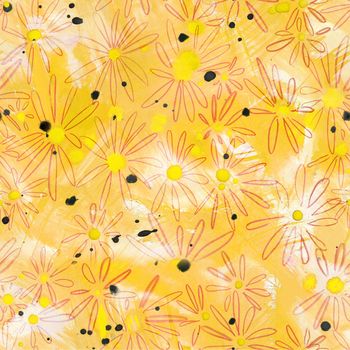 Seamless pattern. Abstraction. On a yellow background, chamomile flowers with black blots. For wallpapers, fabrics and screensavers on the phone.