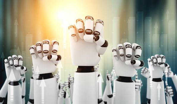 Robot humanoid hands up to celebrate success achieved by using AI artificial intelligence thinking and machine learning process for the 4th industrial revolution. 3D illustration.