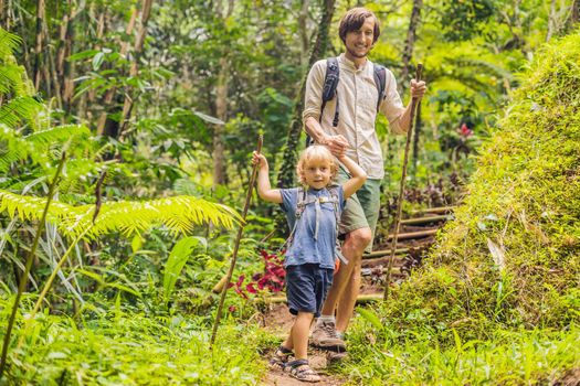 Family in hiking. Dad and son walking in the forest with trekking sticks.