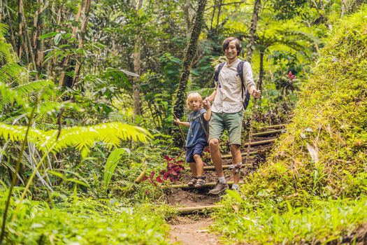 Family in hiking. Dad and son walking in the forest with trekking sticks.