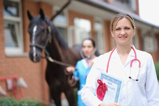 Veterinarian doctor holds horse certificate in background. Veterinary Documents for sport horses concept