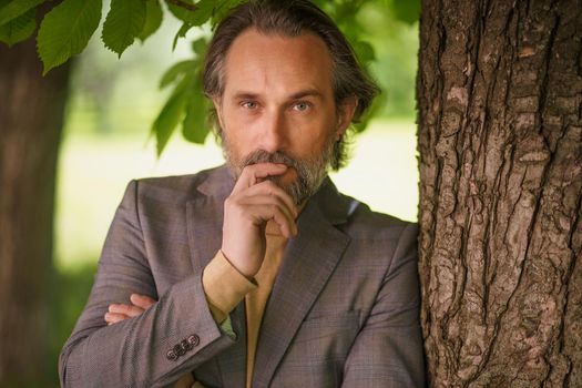 Charming mature grey birded businessman in casual standing under tree on the grass looking at camera with arms folded touching his face. Freelancer spend time working outdoors.